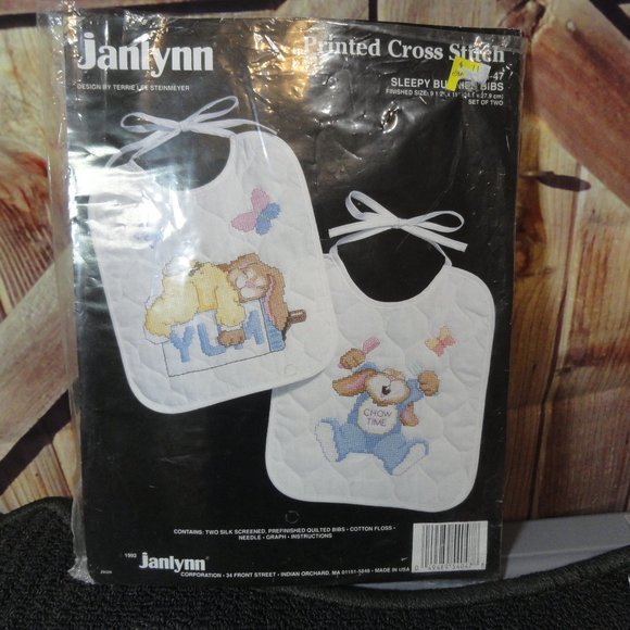 Janlynn Sleepy Bunnies Bibs set 2 Open package Cross stitch kit~Baby bib~Cute - Picture 1 of 3
